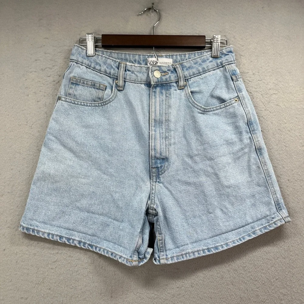 Zara Denim Shorts Womens 6 Light Wash High Waisted Mom Relaxed Summer Blue